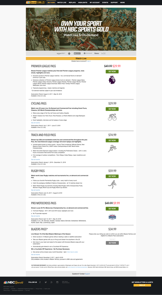 NBC Sports Gold Landing Page