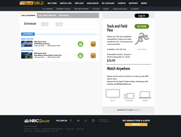 NBC Sports Gold Schedule Page